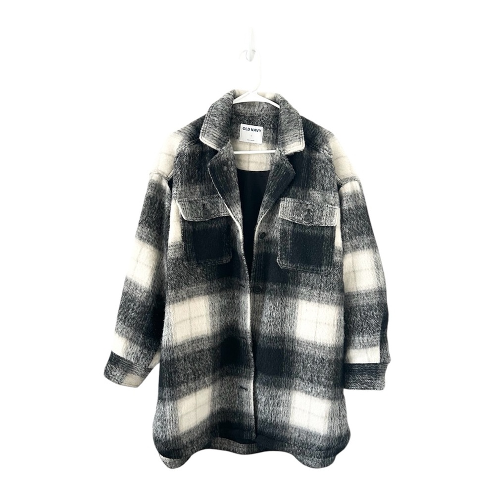 Old Navy Printed Flannel Long Utility Black and White Plaid Shacket Size Large